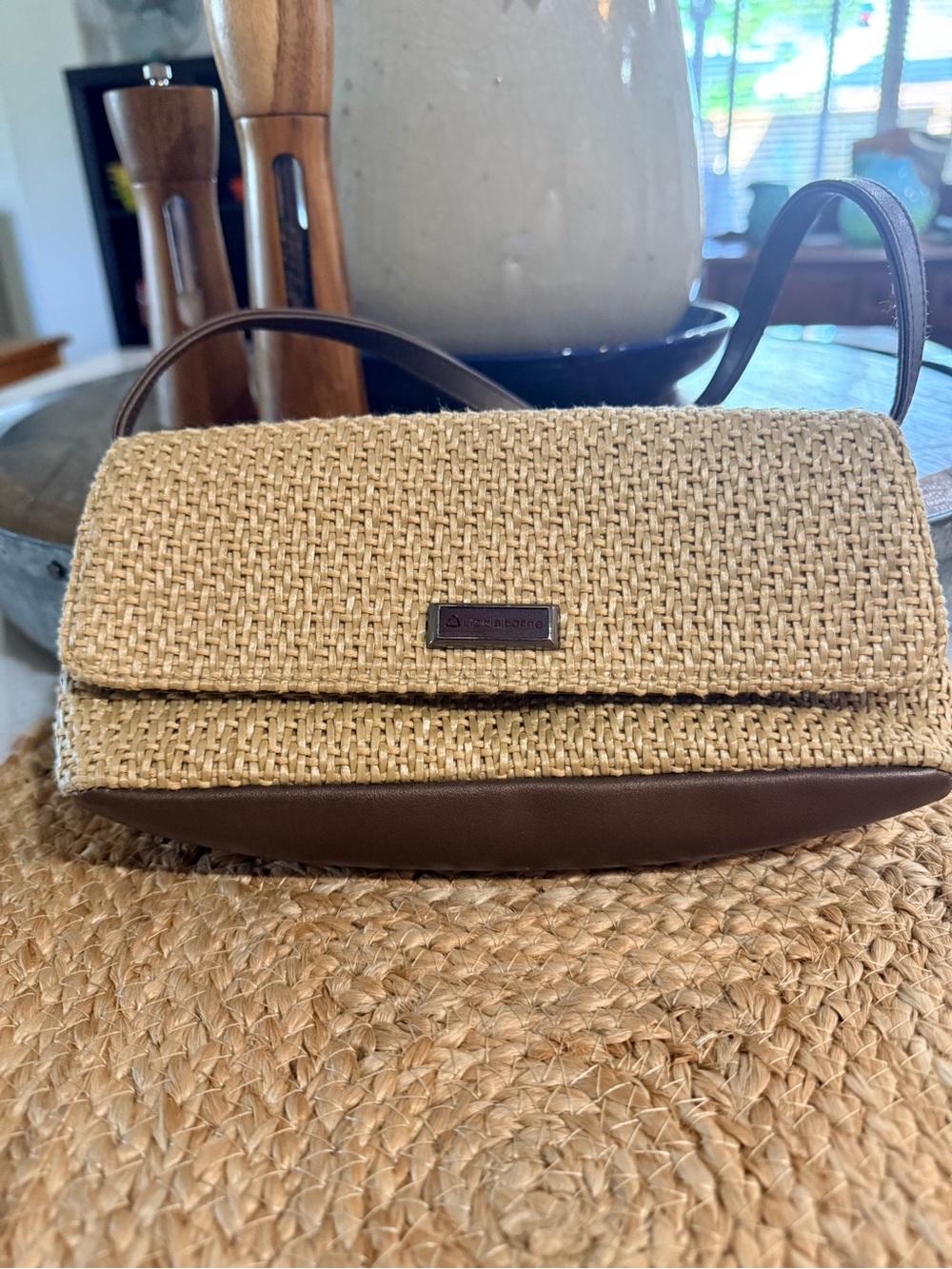 Liz Claiborne Beige Woven Crossbody with Brown Trim